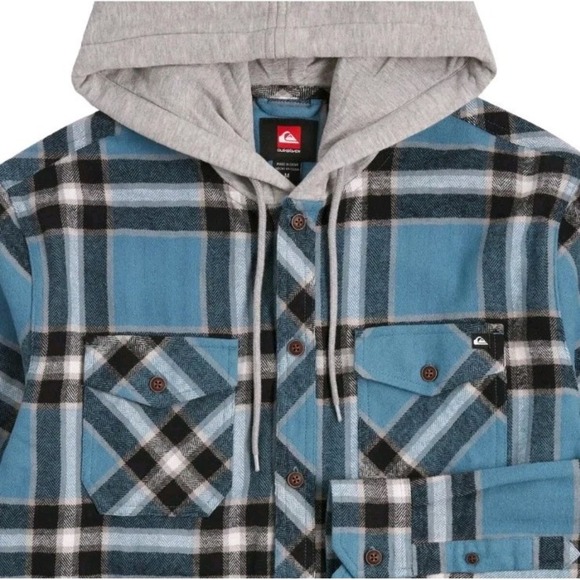 Quiksilver Men's Hooded Flannel, Hood With Drawstring, Midweight, Blue Medium - Picture 3 of 4